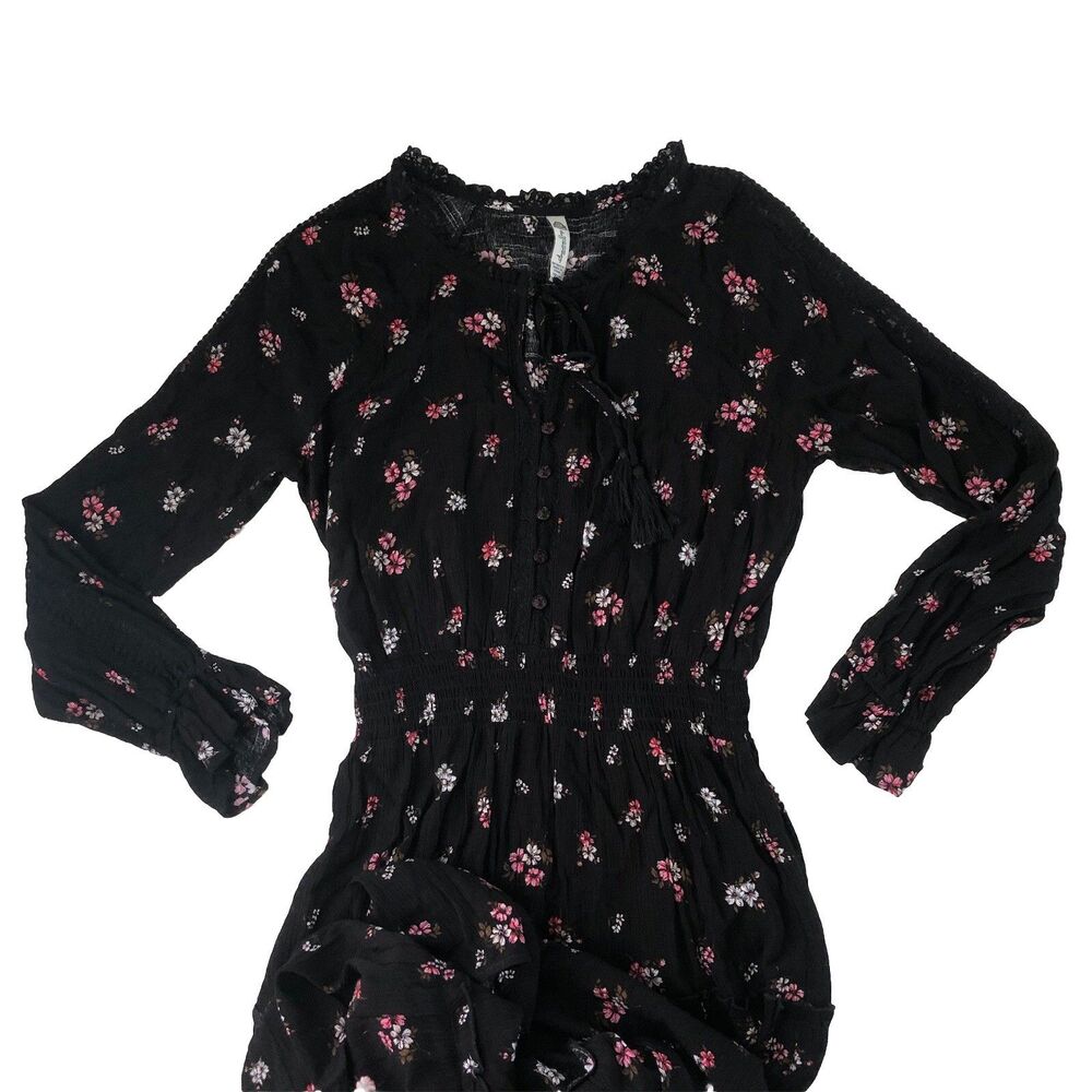 AMERICAN RAG Black Floral Smocked Peasant Dress Long Sleeve Size Medium - Picture 14 of 14